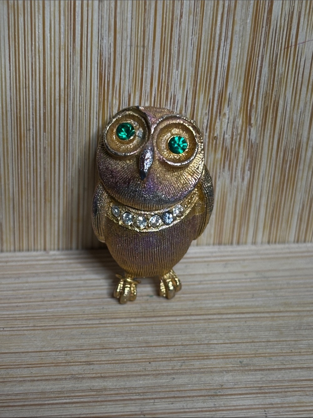 Vintage Gold Owl Brooch with Green Rhinestone Eyes Mini Unique